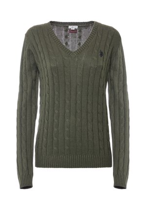 Maglione lavorato a maglia verde oliva con scollatura a V, motivo a treccia e maniche lunghe. Presenta polsini e orlo a costine; logo sul lato sinistro del petto.