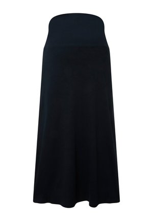 Schwarzer trägerloser Maxikleid-Rock mit einer taillierten Oberseite und fließendem Saum. Glatte Stoffstruktur mit A-Linien-Form. Keine sichtbaren Muster oder Akzente.