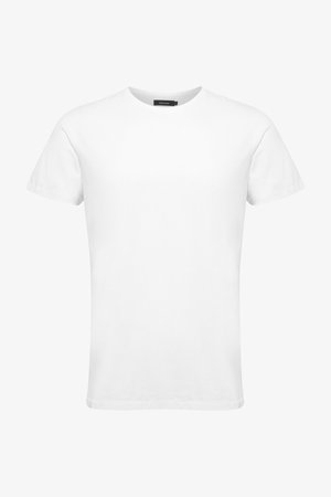 T-shirt à col rond blanc avec des manches courtes. Fabriqué en coton, il présente une texture lisse et un design simple et classique.