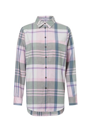 Overhemd met knopen in ruitpatroon met groene, roze en paarse tinten. Heeft een kraag, lange mouwen en een voorzak.