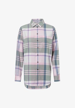 Skjorte med knapper i ternet mønster med grønne, lyserøde og lilla nuancer. Har krave, lange ærmer og en frontlomme.