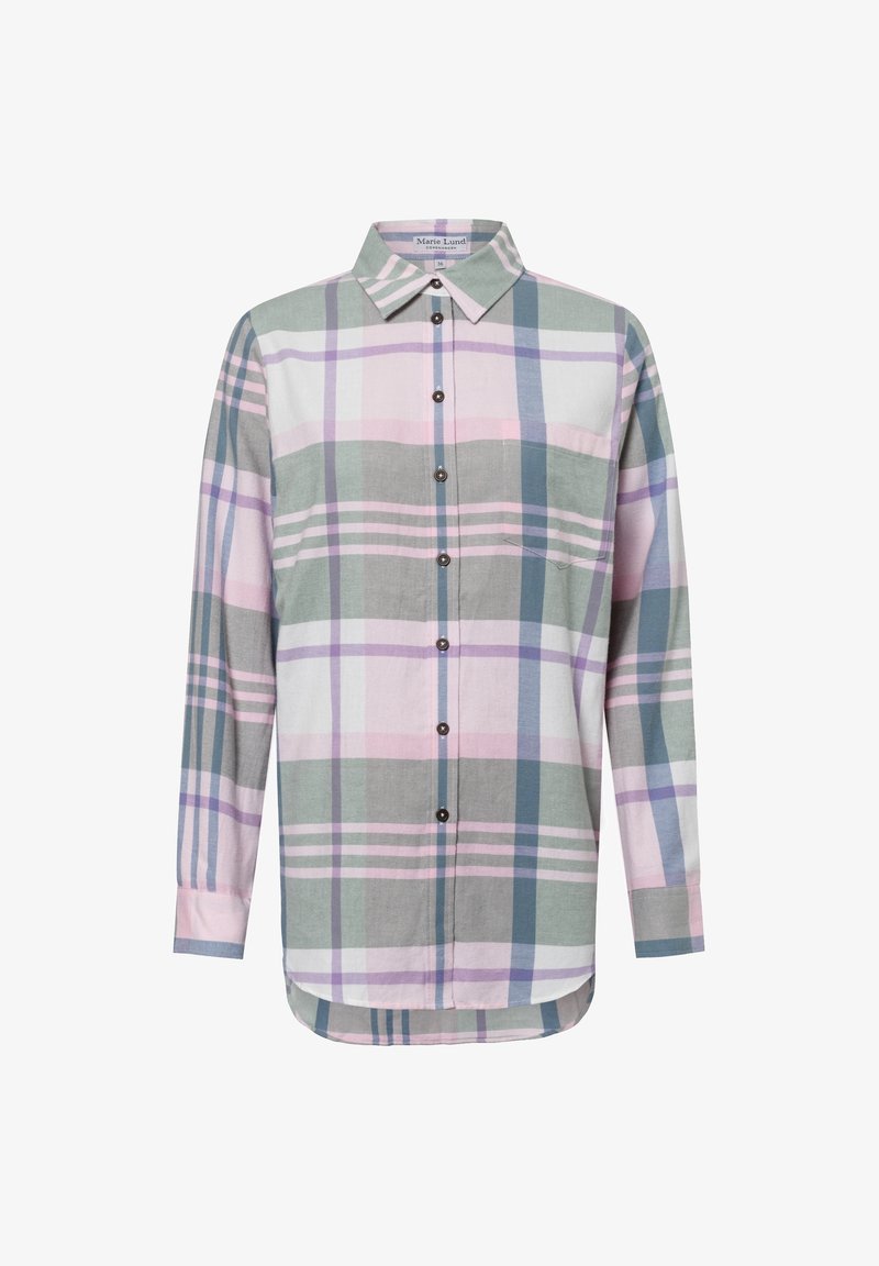 Koszula na guziki w kratę w odcieniach zieleni, różu i fioletu. Posiada kołnierzyk, długie rękawy oraz przednią kieszeń.