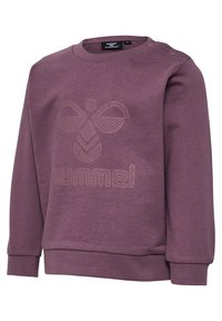 Sweatshirt violet en tissu doux avec des manches longues, présentant un discret logo de abeille en relief et le nom de la marque sur le devant.