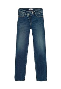 Jeans en denim bleu foncé avec une coupe droite, sections décolorées, poches avant et fermeture éclair. Présente un bouton et des rivets en argent.