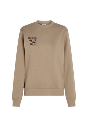Sudadera beige con cuello redondo y puños acanalados. Presenta el texto negro "Mujeres de la Onda" y el logo en el área del pecho izquierdo.