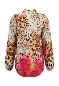 Blusa a maniche lunghe con stampa leopardata in tonalità di marrone che sfumano nel rosa, con motivi decorativi e polsini a coste. Tessuto di una texture morbida.