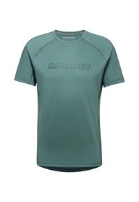 Short-sleeve, mint green athletic shirt made of breathable material, featuring a dark printed logo and contrasting stitching details.