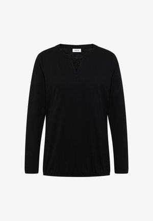 Top nero a maniche lunghe con scollatura a V, realizzato in tessuto morbido. Presenta una leggera arricciatura all'orlo e un'etichetta con la scritta "CECIL" all'interno del colletto.