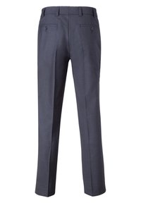Gray tailored trousers with a smooth texture, featuring a flat front, two back pockets with buttons, and a straight-leg design.