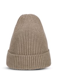 Neulepipo vaaleanbeigessä, jossa on ribbikuvio ja käännettävä reuna. Kartion muotoinen huippu, pehmeä materiaali ja saumatonta rakennetta.