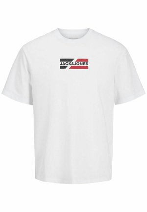 Balts kokvilnas T-krekls ar krāsainu "JACK & JONES" logo melnā, sarkanā krāsā un ģeometrisku dizainu uz priekšpuses. Īsas piedurknes un apaļa kakla izgriezums.