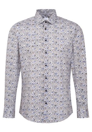 Herrenhemd mit langen Ärmeln und Knöpfen, mit kleinem Blumenmuster in Blau, Braun und Schwarz auf weißem Hintergrund.