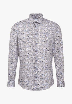 Chemise à manches longues pour homme, à boutons, avec un petit motif floral en bleu, marron et noir sur un fond blanc.