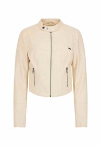 Cream-colored fitted leather jacket with front zipper, two zippered side pockets, and snap-button collar strap.