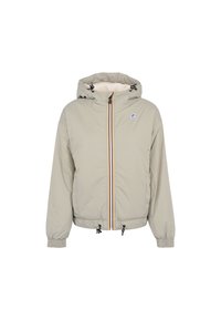 Giacca a vento grigia chiara, con cappuccio, polsini elasticizzati e orlo con cordino. Dettaglio con zip a contrasto e fodera in pile. Design semplice.