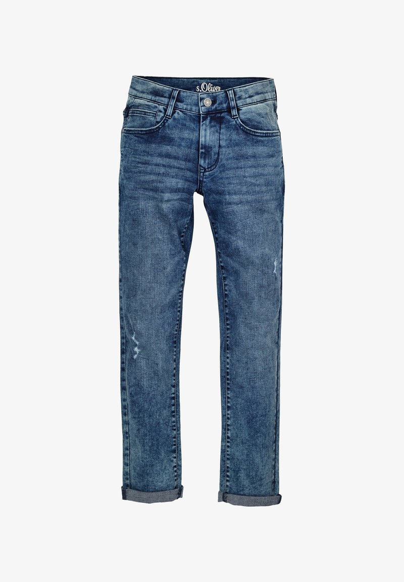 Jean denim bleu slim avec revers retroussés, poches avant, fermeture à boutons et détails usés subtils.