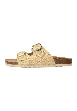 Braided straw slide sandal in light beige, featuring two decorative buckles and a textured cork midsole with a flat rubber outsole.