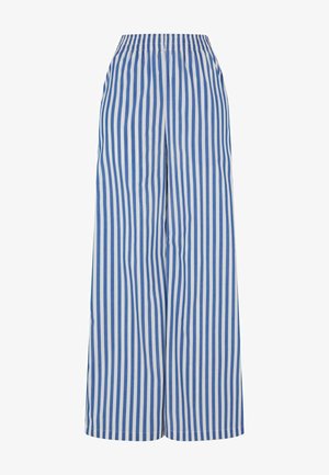 Kék és fehér függőleges csíkos, bőszárú nadrág, rugalmas derékkal és könnyű anyaggal a kényelem és szellőzés érdekében.