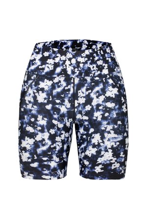 Marineblauwe en witte shorts met een bloemenpatroon, gemaakt van rekbare stof; voorzien van een brede tailleband en zijzakken. Strak zittend ontwerp.
