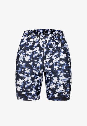 Shorts a fantasia floreale blu navy e bianco, realizzati in tessuto elastico; presentano una cintura larga e tasche laterali. Design aderente.