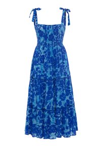 Abito lungo blu con stampa floreale, corpino arricciato, spalline regolabili e gonna a strati in tessuto leggero.