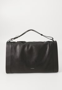 Black leather rectangular handbag with a single top handle and silver buckle, featuring a small brand logo "Coccinelle" on front center.