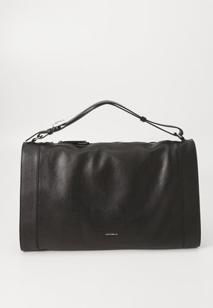 Black leather rectangular handbag with a single top handle and silver buckle, featuring a small brand logo "Coccinelle" on front center.