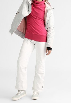 Light gray jacket with pink lining, pink turtleneck, white pants, and light gray boots. Features include a smooth texture and relaxed fit.