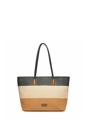 Tragetasche mit schwarzen, beigen und braunen gewebten Streifen, zwei schwarzen Griffen und einem kleinen rechteckigen Lasocki-Markenlabel auf der Vorderseite.
