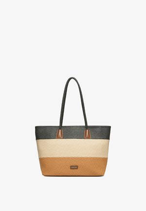 Borsa tote con strisce intrecciate nere, beige e marroni, due manici neri e una piccola etichetta rettangolare del marchio Lasocki sul davanti.
