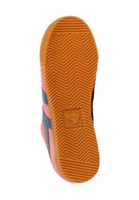 Rubber sole with pronounced herringbone pattern, orange color. Upper features pink and navy sections, with Gola logo embossed on the heel.