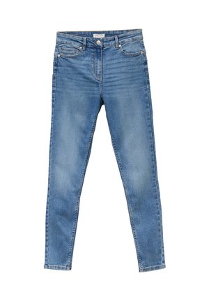 Jeans ajustados de mezclilla azul claro con una cintura de altura media, bolsillos frontales y cierre de cremallera. La textura ligeramente deslavada realza el aspecto casual.