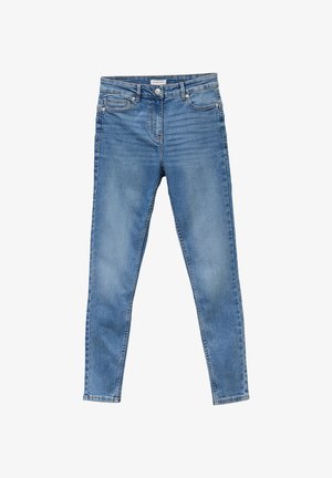 Helltürkise Jeans im Skinny-Fit mit mittelhoher Taille, Fronttaschen und Reißverschluss. Die leicht ausgebleichte Textur unterstreicht das lässige Aussehen.