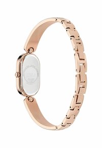 Roségoldenes Metallarmbanduhr mit ovalem Gehäuse und verknüpftem Armband. Das Zifferblatt ist klar und zeigt die Markengravur auf der Rückseite.