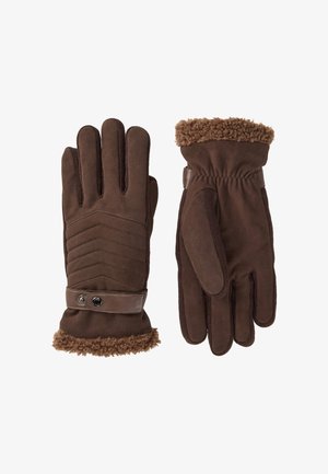 Bruine suède handschoenen met een zachte voering van bont bij de pols, een leren riem met drukknoopsluiting en een gestructureerd stikselpatroon op de handpalm.