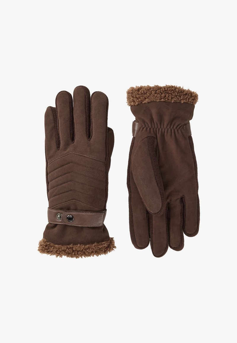 Bruine suède handschoenen met een zachte voering van bont bij de pols, een leren riem met drukknoopsluiting en een gestructureerd stikselpatroon op de handpalm.