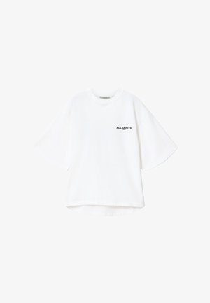 Tricou alb supradimensionat cu mâneci scurte, cu textul "ALLSAINTS LONDON" imprimat în negru mic pe partea stângă a pieptului.