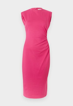 Vestido rosa justo com mangas tipo capa, decote redondo e detalhes franzidos nas laterais. Feito em tecido elástico e suave. Fecho de correr nas costas.