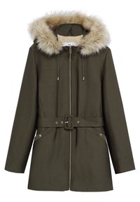Oliwkowy parka z kapturem z futerkiem, z zamkiem błyskawicznym, z paskiem w talii oraz dwoma bocznymi kieszeniami. Posiada gładką teksturę materiału.
