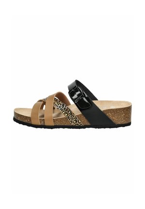 Sandales multicolores avec une semelle en liège, des brides noires et beiges, et un accent en imprimé léopard. Conçues avec une boucle pour un ajustement sécurisé.