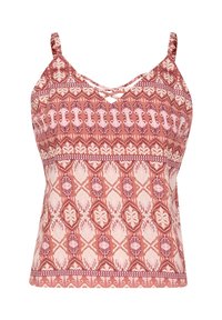 Květinová tílko v korálové a světle růžové barvě. Má špagetová ramínka, šněrování na výstřihu a geometrické květinové vzory.