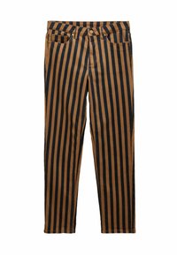 Pantaloni cu dungi în maro și negru, din bumbac, cu croială dreaptă a piciorului, cinci buzunare și nasturi metalici.