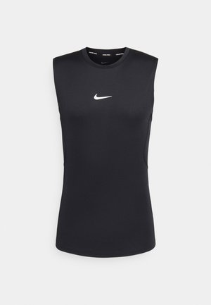 Svart ärmlös sporttröja, åtsittande design, tillverkad av andningsbart tyg, med en vit Nike-logga på bröstets mitt.