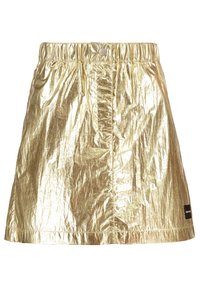 Mini gonna metallica dorata con una superficie rugosa e lucida, vita elastica e chiusura a pulsante sul davanti. Presenta un'etichetta del marchio sul lato.