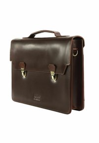 Braune Lederaktentasche mit strukturiertem Design, ausgestattet mit zwei Metallverschlüssen und einem Griff oben, elegant und professionell im Stil.