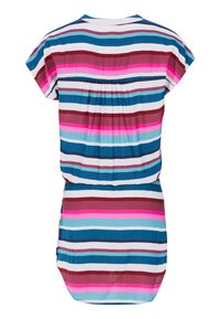 Robe rayée dans des teintes bleues, roses et bordeaux. Manches courtes, coupe ample, d étail froncé à l'arrière, tissu lisse avec des rayures horizontales.