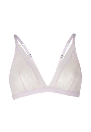 Bralette in pizzo di un delicato color lavanda con coppe triangolari, spalline regolabili e un motivo floreale testurizzato. Materiale morbido con una finitura delicata.