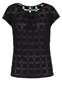 Černý krátký rukáv top s kostkovaným vzorem, s plisovaným výstřihem a měkkou, lehkou tkaninou.