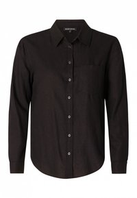 Zwarte linnen blouse met lange mouwen, kraag, knopen aan de voorkant, een enkele borstzak en een gebogen zoom. Soepele textuur.