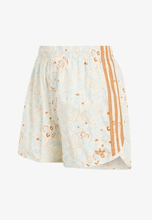 Hellfarbene Shorts mit elastischem Bund, Blumenmuster und drei strukturierten orangefarbenen Streifen an einer Seite.